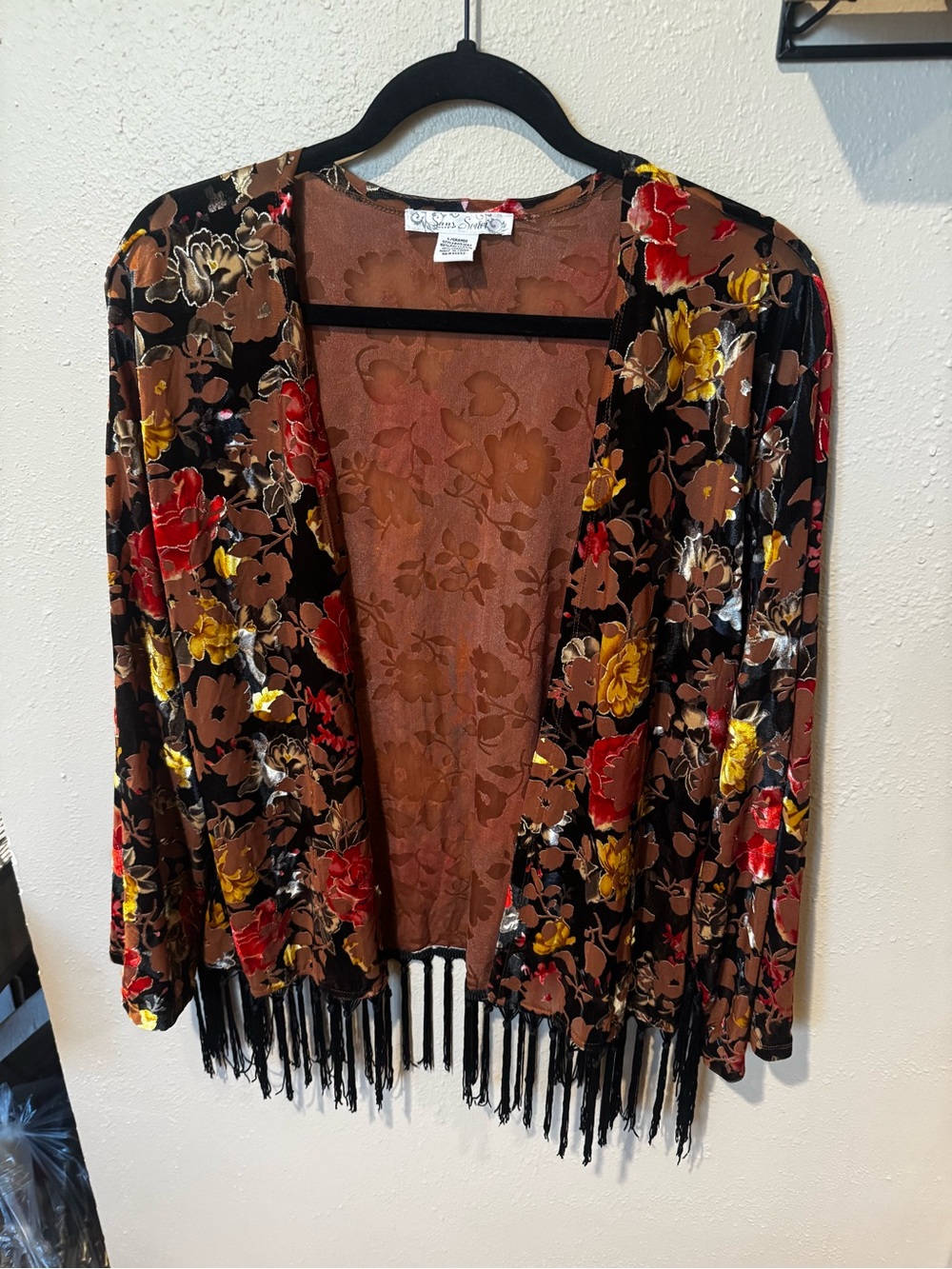 Sans Souci Floral Velvet Fringe Open Cardigan - Brown/Black/Red/Yellow